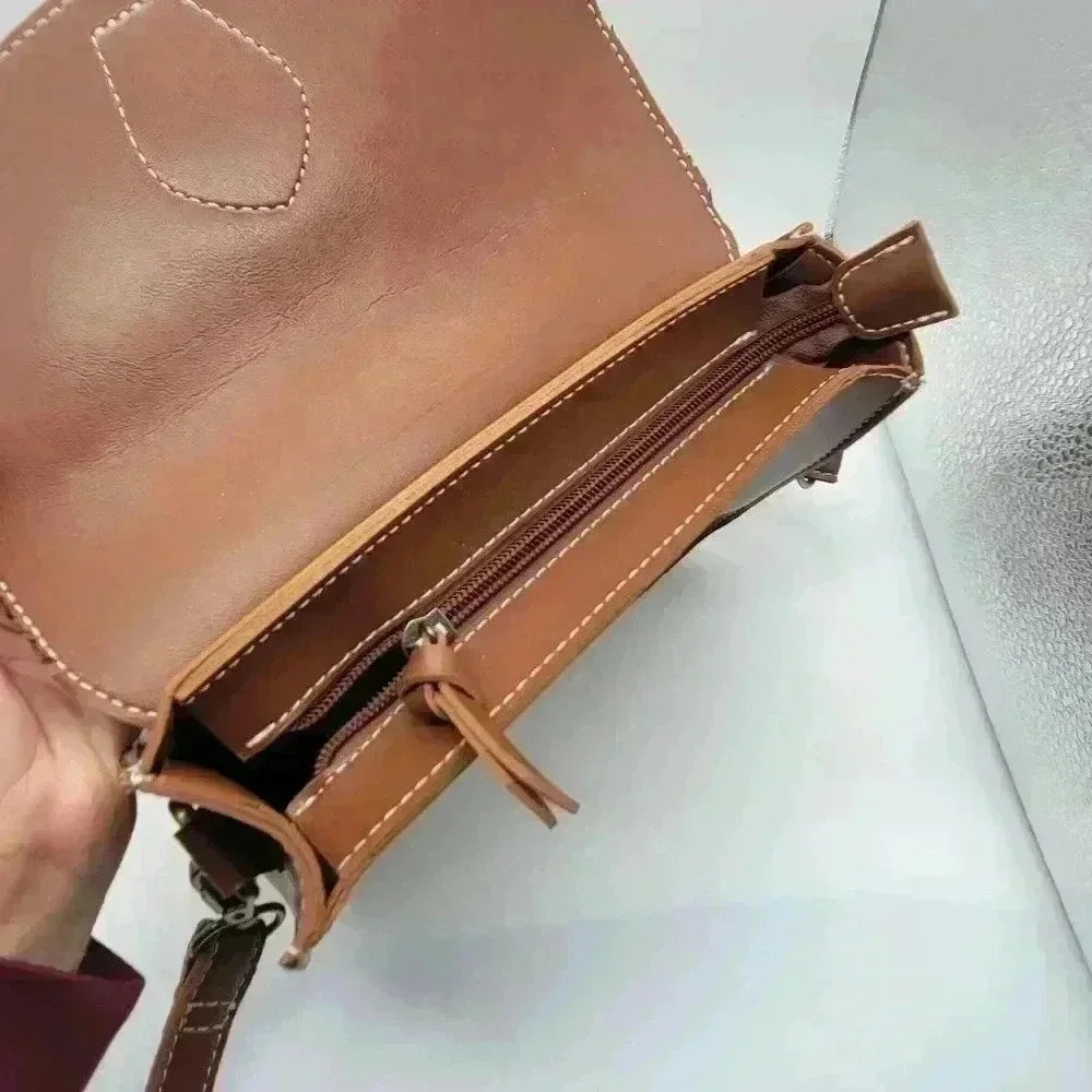 Retro Saddle Bag-Brown Cross Back Faux Leather Side Back Handmade - Picture 3 of 13